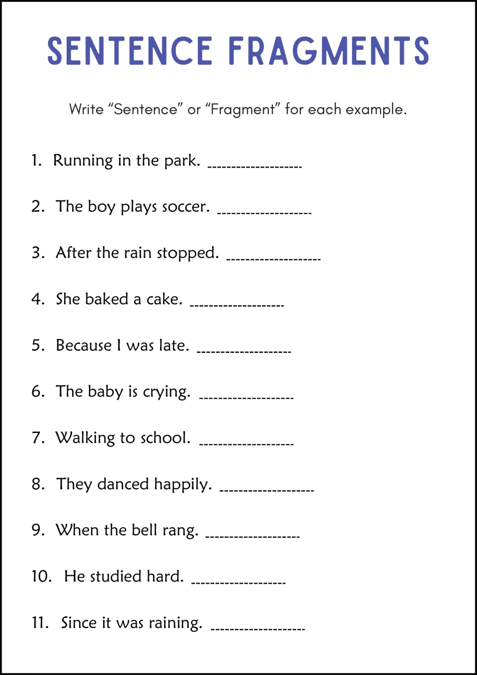 Sentence fragments: students write "Sentence" or "Fragment" beside 11 examples such as "Running in the park"