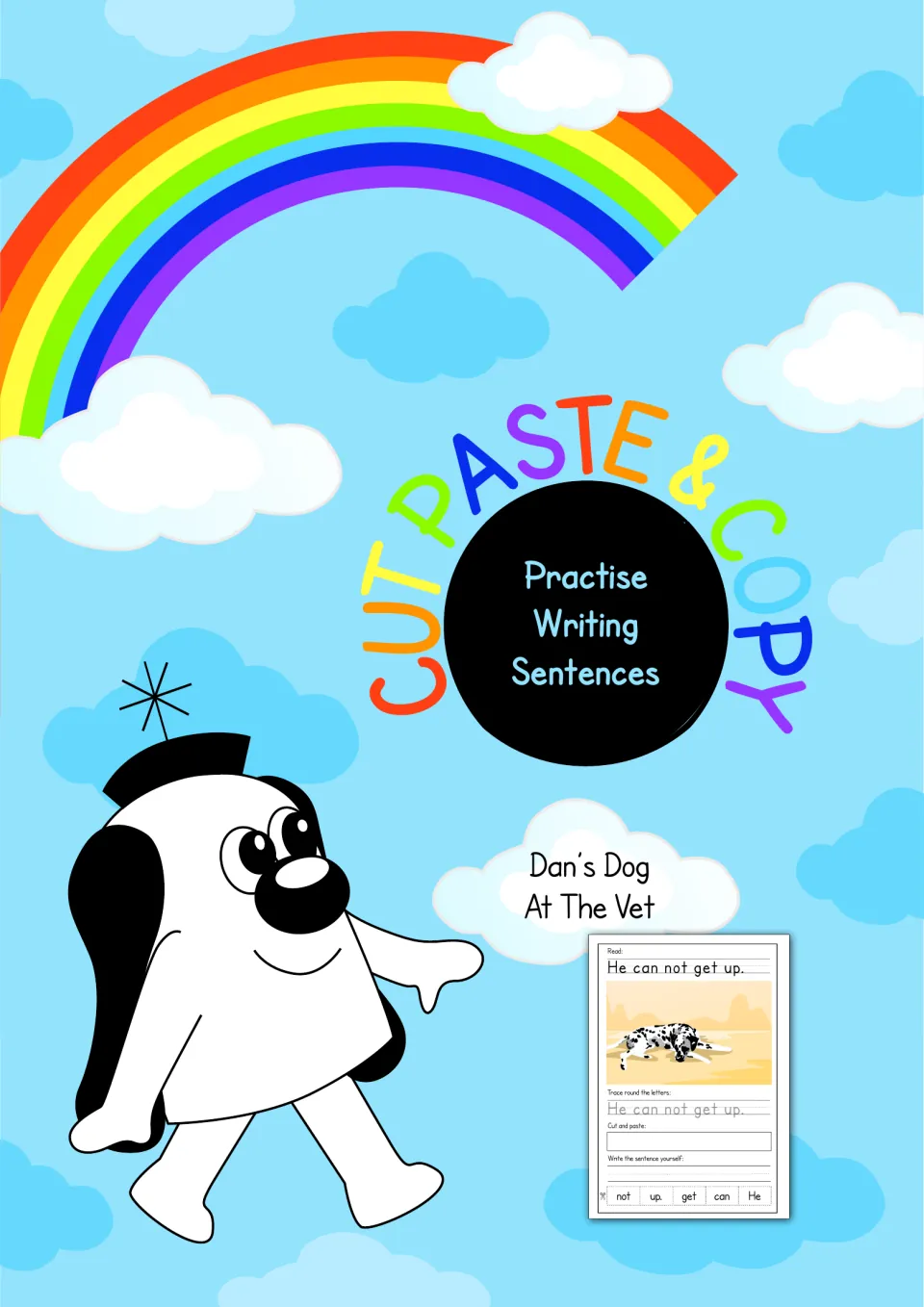 Cover: Cut, Paste & Copy, Practise Writing Sentences, Dan's Dog At The Vet, with a cartoon dog and a sample sentence sheet