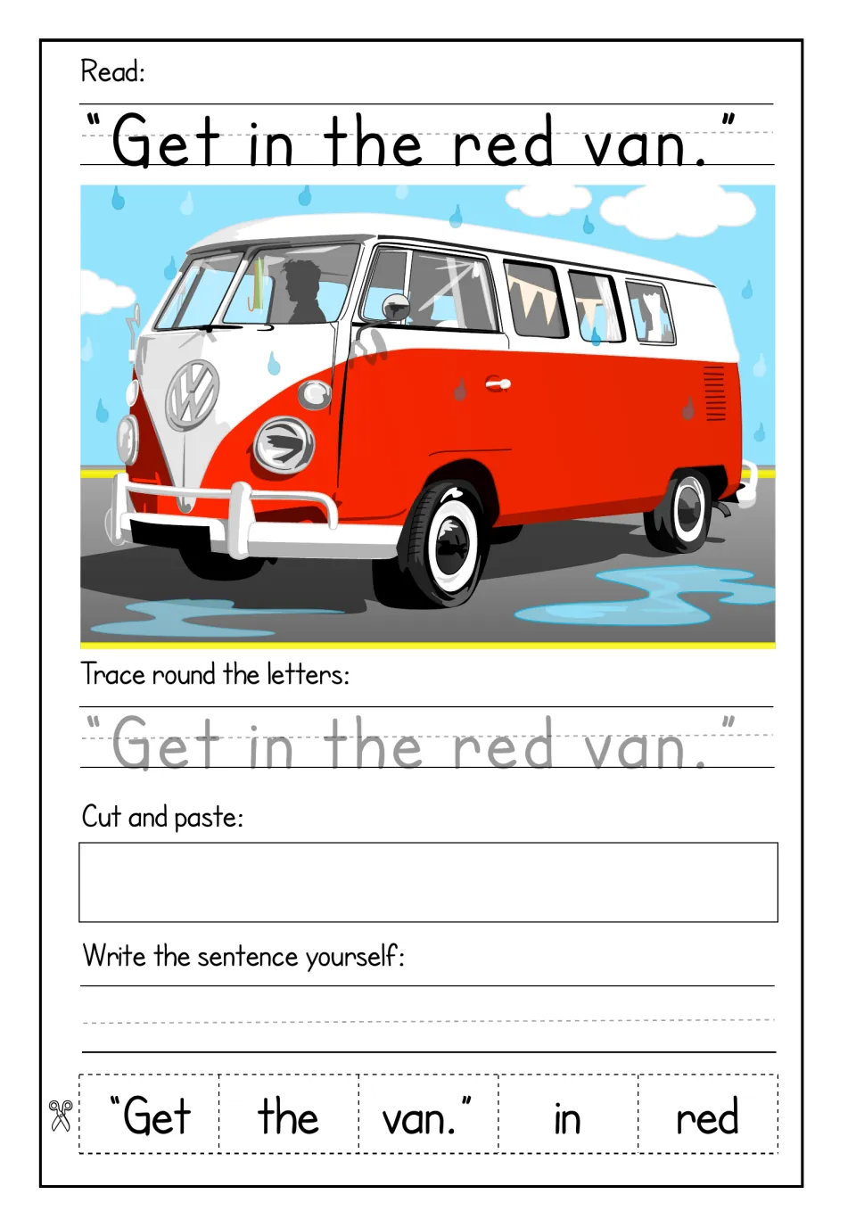 Speech sentence 'Get in the red van.' beside a camper van: students trace it, glue 5 cut-out words in order, then copy