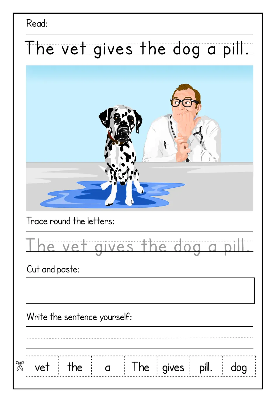 Sentence 'The vet gives the dog a pill.' with a vet and Dalmatian: students trace, sequence 7 cut-out words and write it out