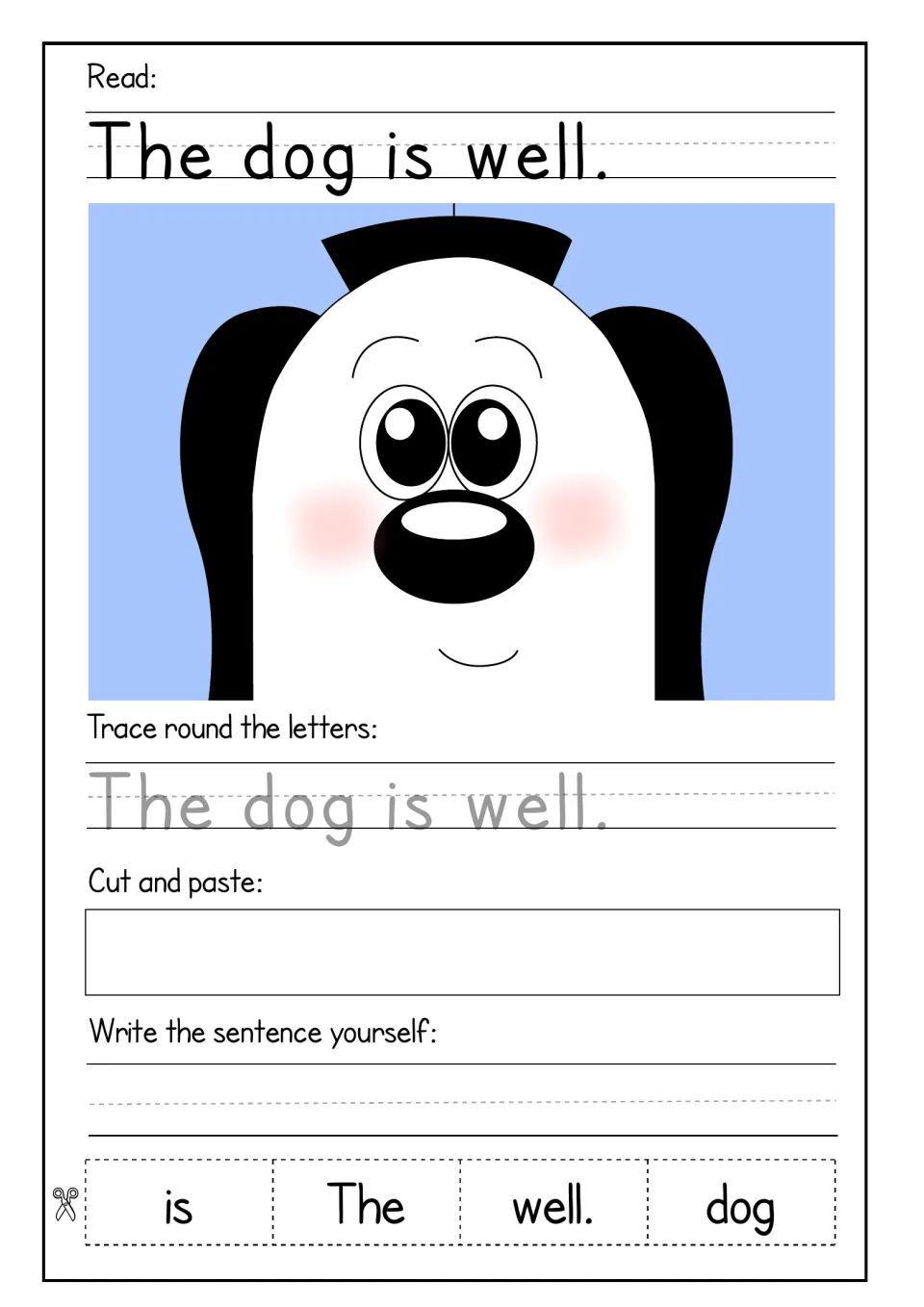 Sentence 'The dog is well.' with a smiling cartoon dog: students trace the letters, paste 4 words in order and copy it