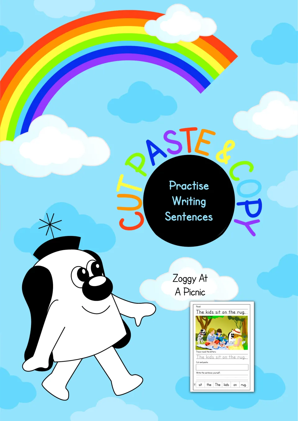 Cut, Paste & Copy cover: Practise Writing Sentences, Zoggy At A Picnic, with Zoggy and a sample sentence sheet