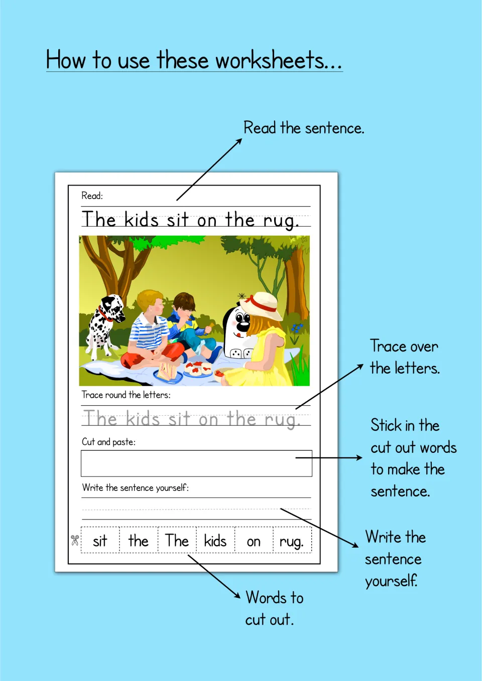 How to use: a sample sheet labels each step, read the sentence, trace it, stick in cut-out words, then write it alone