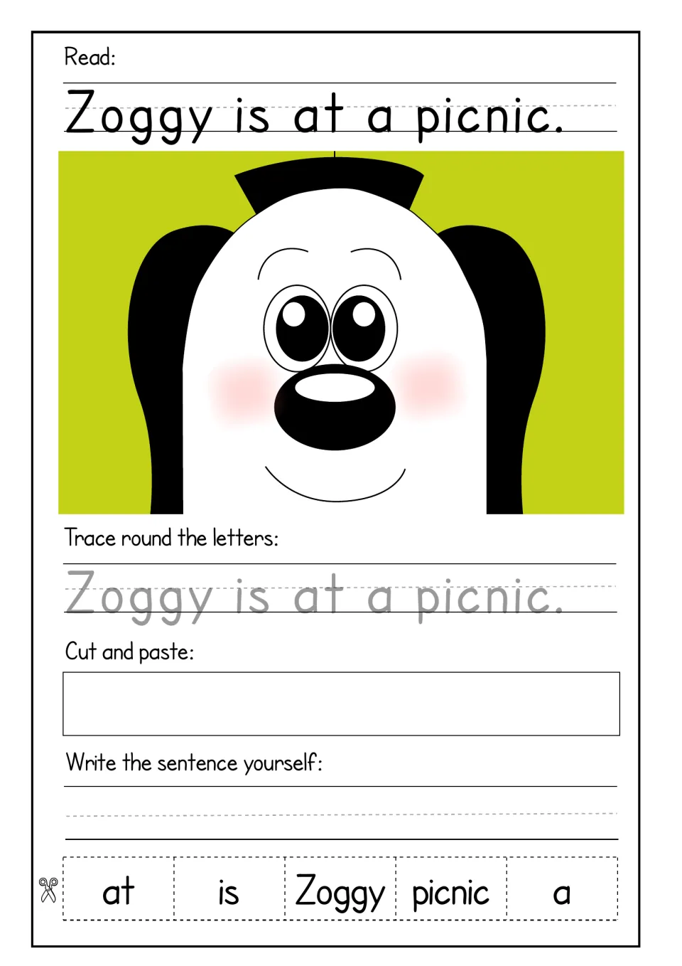 Zoggy is at a picnic: students read and trace the sentence, cut and paste the jumbled word cards in order, then write it