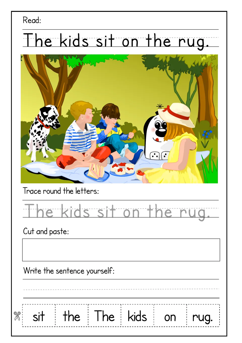 The kids sit on the rug: picnic scene; students trace the sentence, order six cut-out words and copy it independently