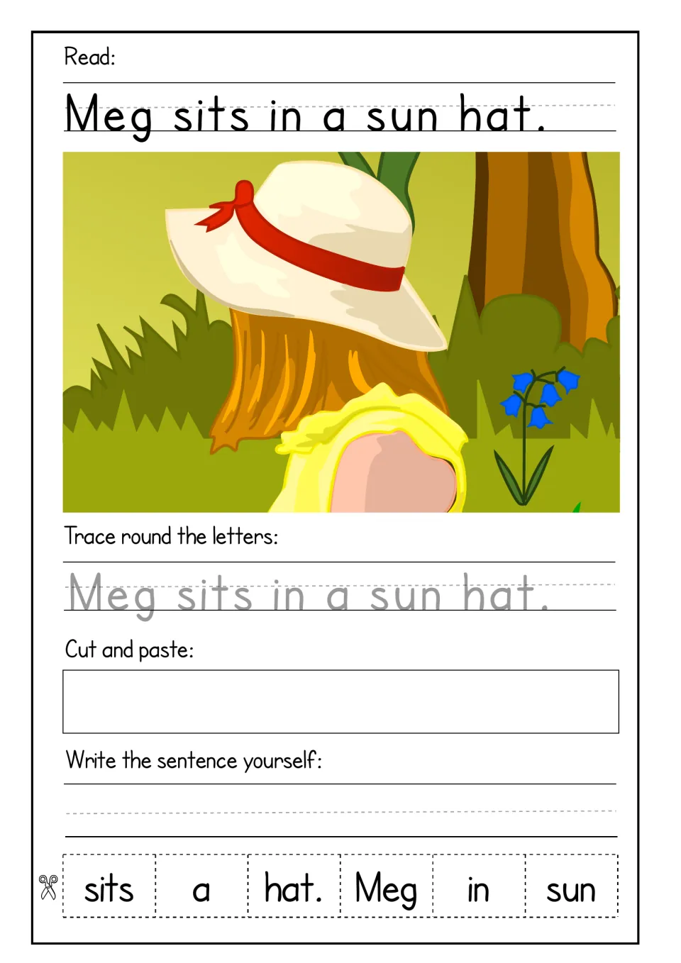 Meg sits in a sun hat: girl in a hat; students trace the sentence, paste six jumbled words in order and write it out