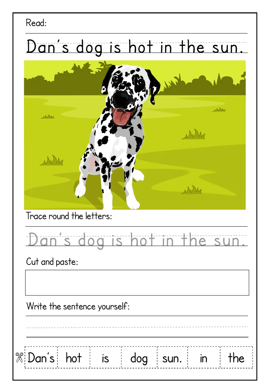 Dan's dog is hot in the sun: Dalmatian picture; students trace, put seven word cards in order and write the sentence