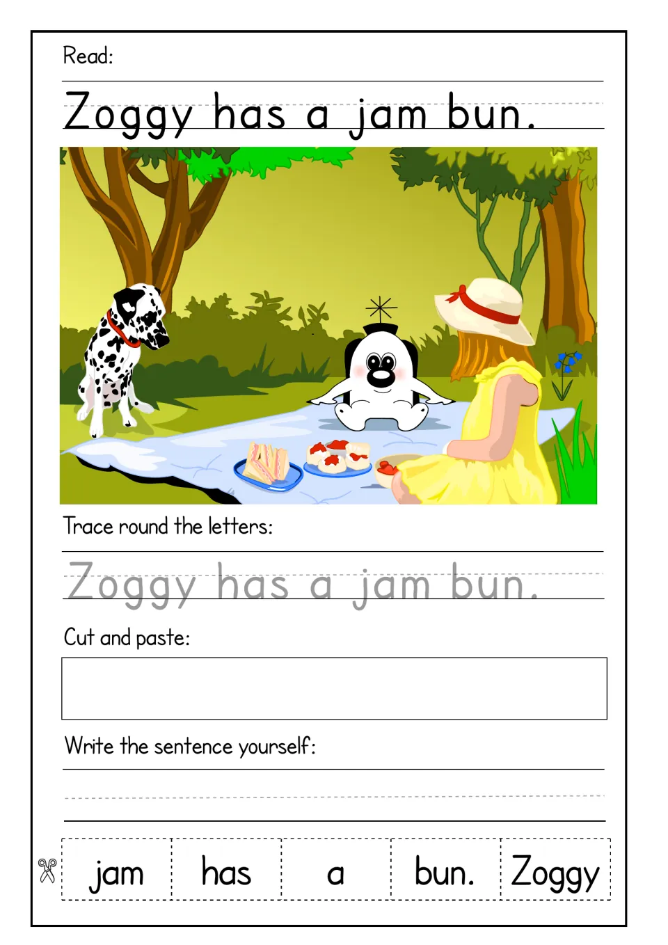 Zoggy has a jam bun: picnic scene; students trace, glue the five mixed-up words in sentence order and copy it out