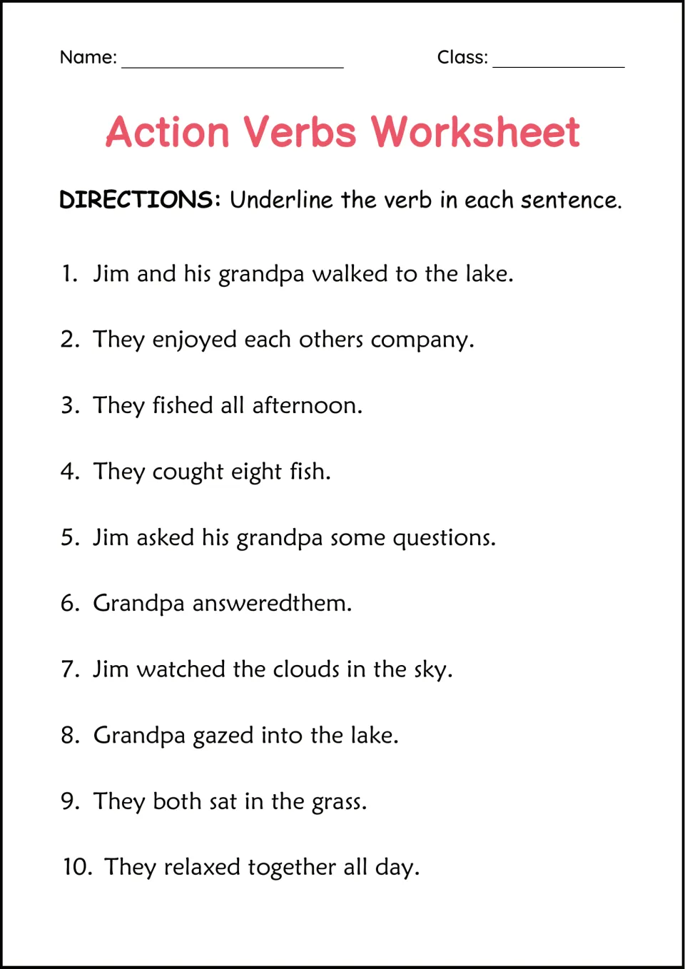 Finding verbs in sentences: students underline the verb in 10 sentences about Jim and his grandpa's day fishing at a lake