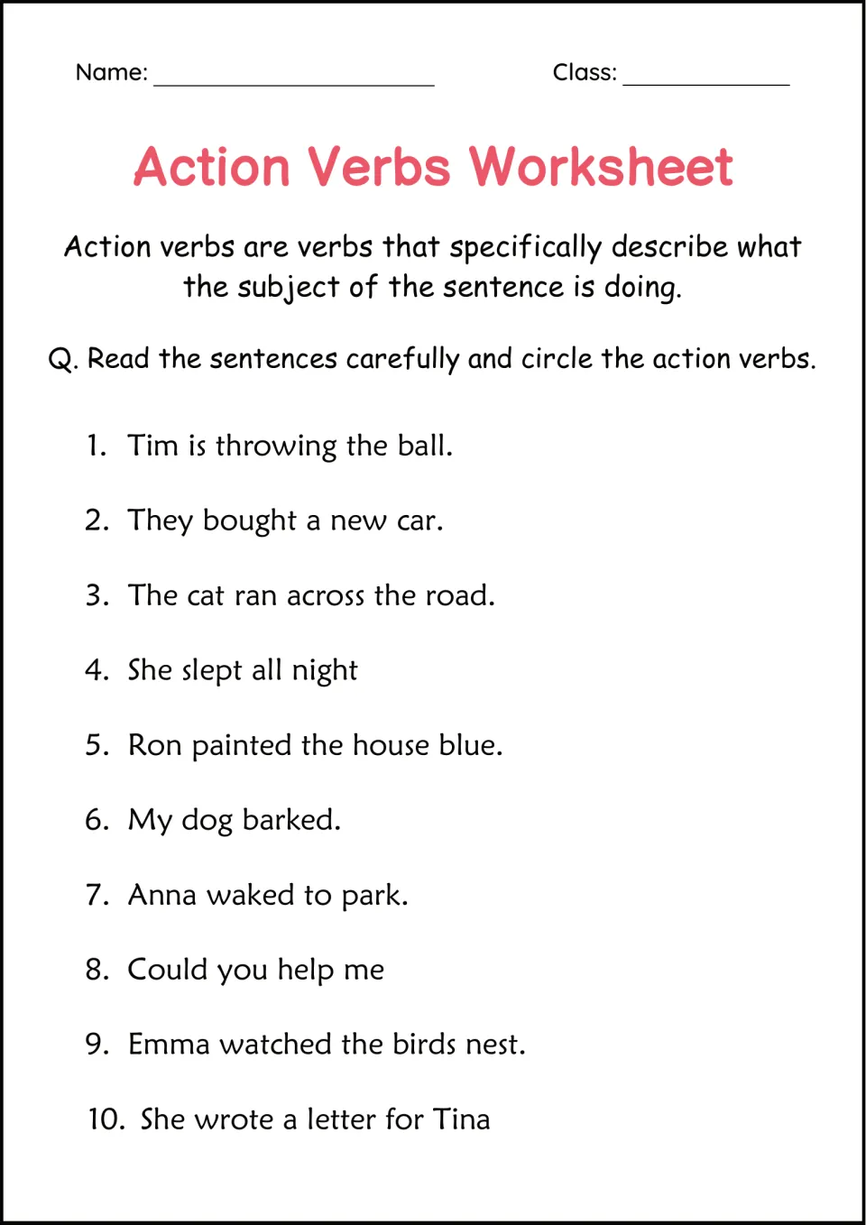 Action verb definition, then students circle the verb in 10 sentences such as 'The cat ran across the road'