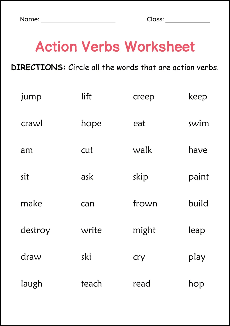 Sorting action words from other words: students circle the verbs among 32 words like jump, crawl, hope, am, can and might