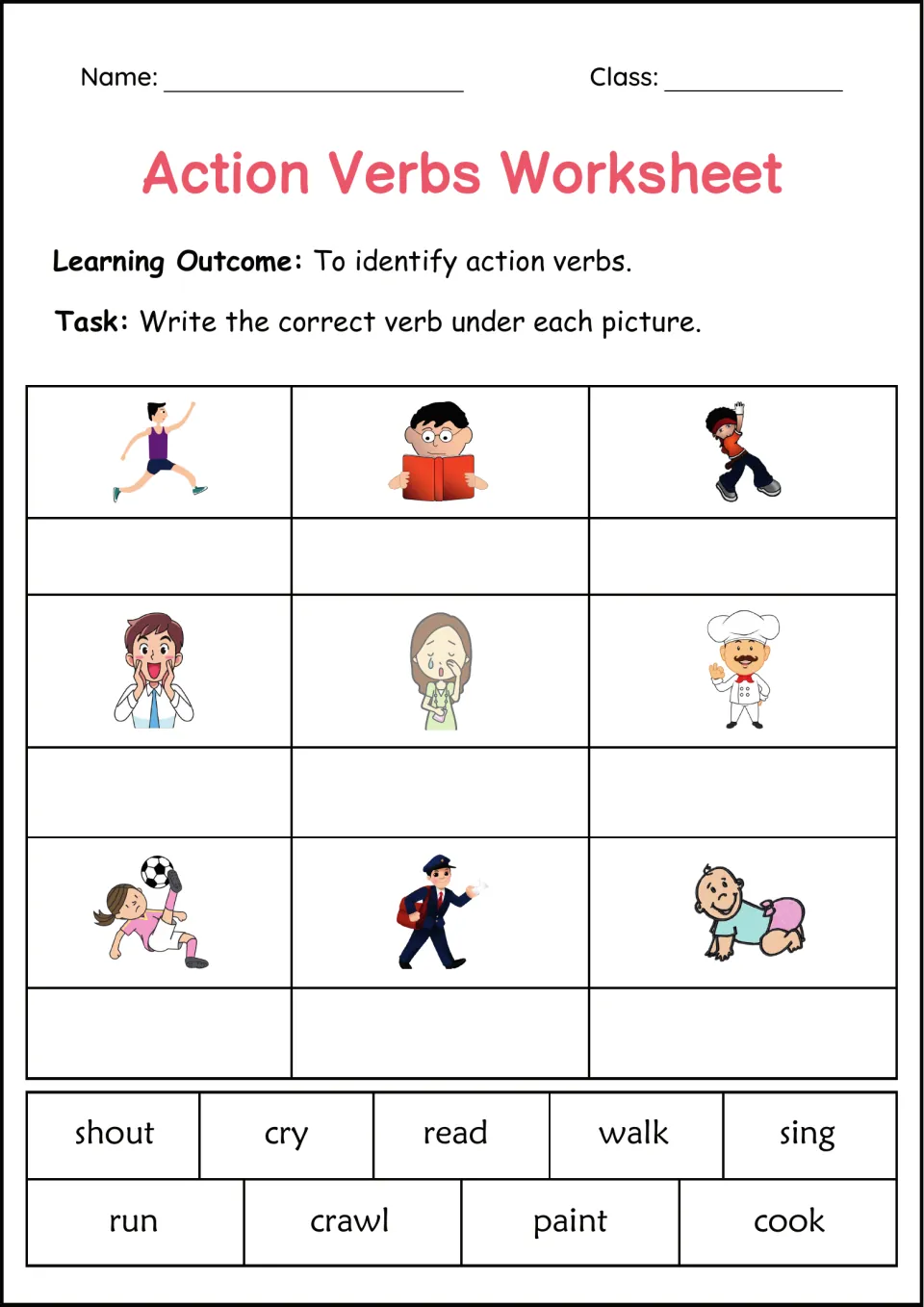 Labeling actions in pictures: students write a verb from a bank (shout, cry, read, run, crawl, cook) under nine people