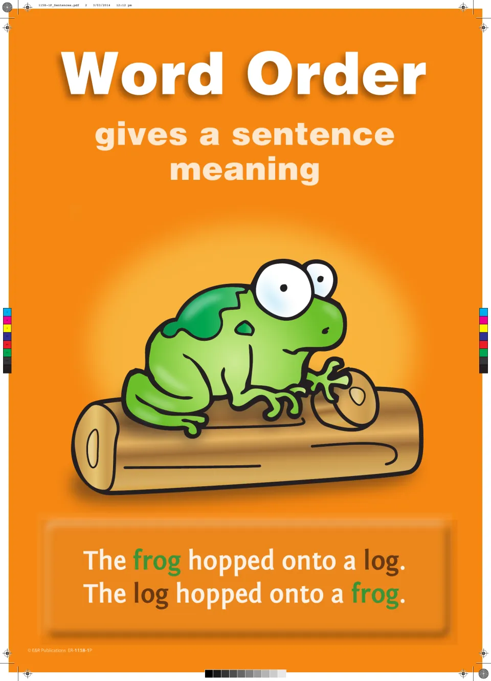 Word order poster: 'The frog hopped onto a log' versus 'The log hopped onto a frog' shows word order gives meaning
