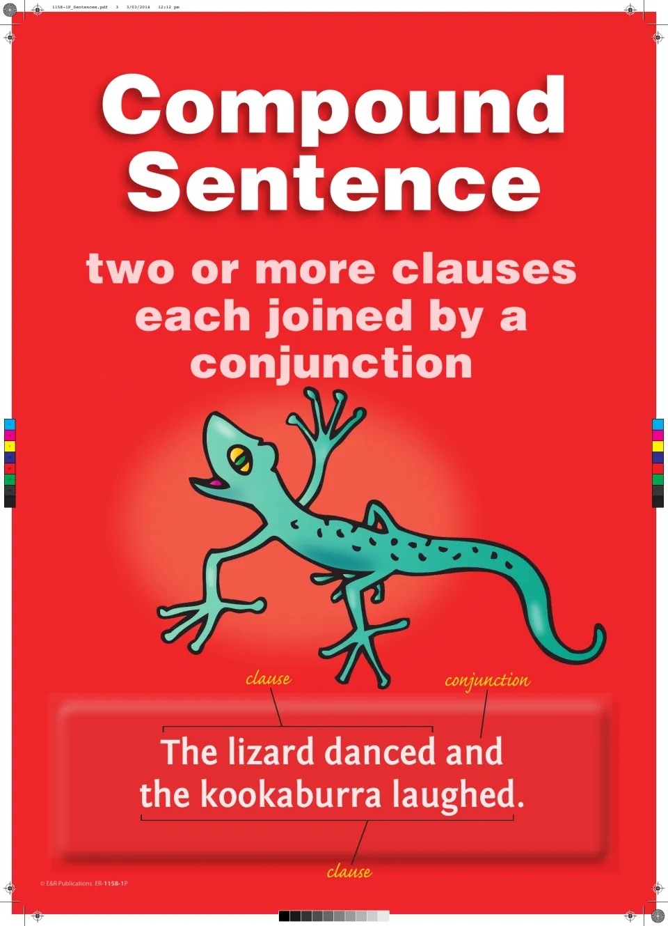 Compound sentence poster: 'The lizard danced and the kookaburra laughed.' labels two clauses and the conjunction