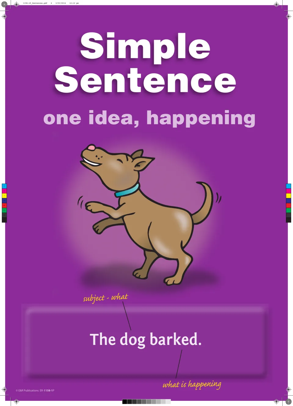 Simple sentence poster, one idea happening: 'The dog barked.' with the subject and what is happening labelled