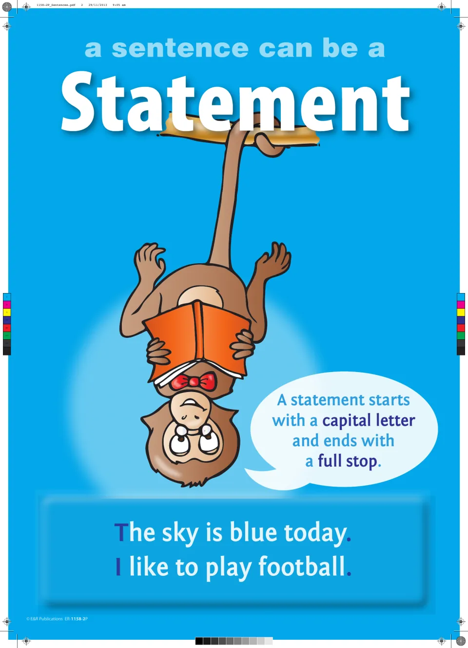 Statement poster: capital letter and period rules, with examples including 'The sky is blue today.'
