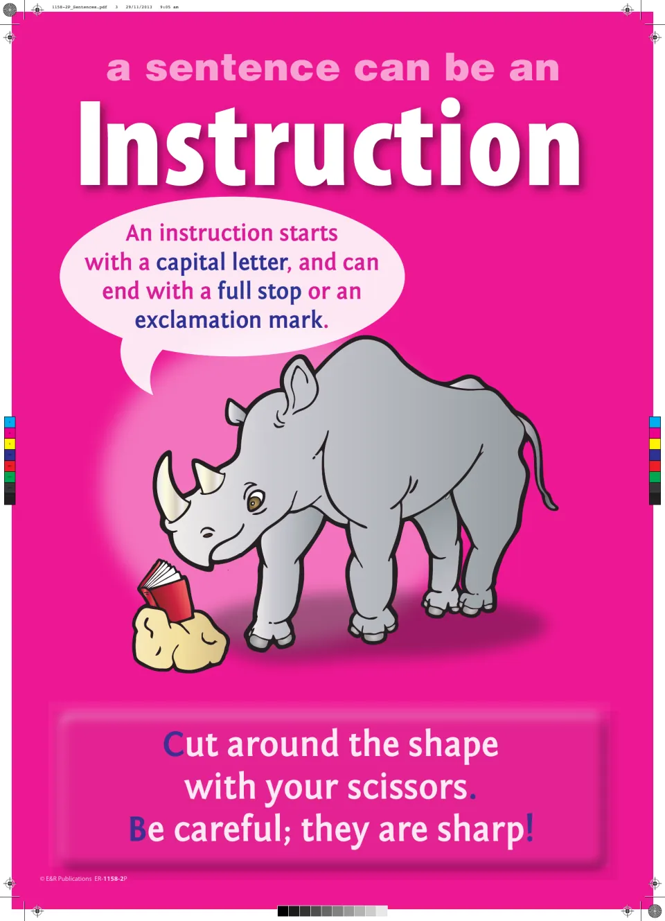 Instruction poster: capital letter rules, period or exclamation mark endings, and directions for using scissors.