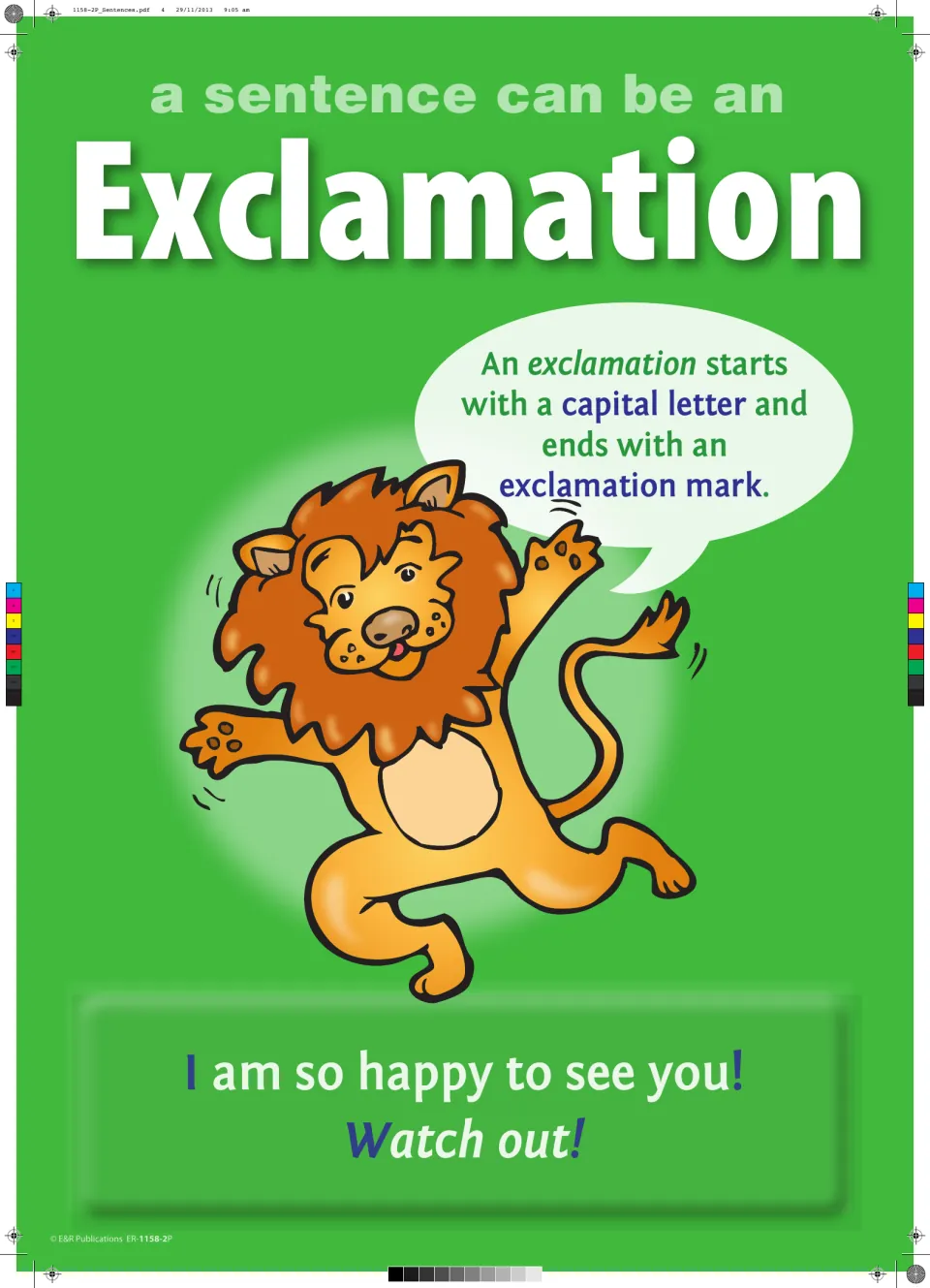 Exclamation poster: capital letter and exclamation mark rules, with 'I am so happy to see you!' and 'Watch out!'