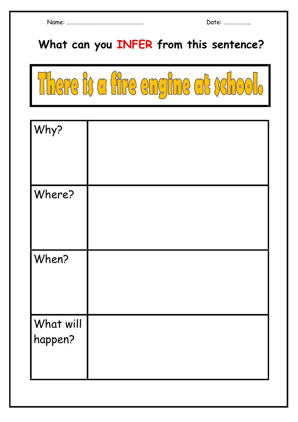 Inferring from "There is a fire engine at school.": students explain why, where, when and what will happen next