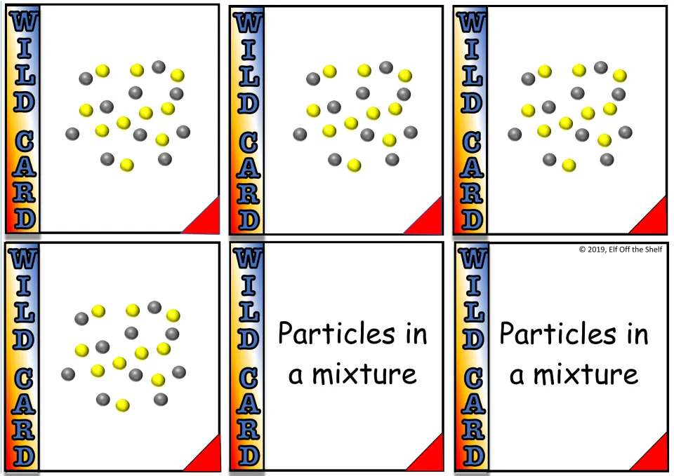 Game cards 1–6: four mixture particle diagrams and two matching cards reading “Particles in a mixture.”