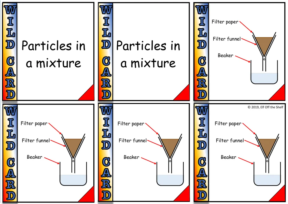 Game cards 7–12: two “Particles in a mixture” text cards and four labeled filtration apparatus diagrams.