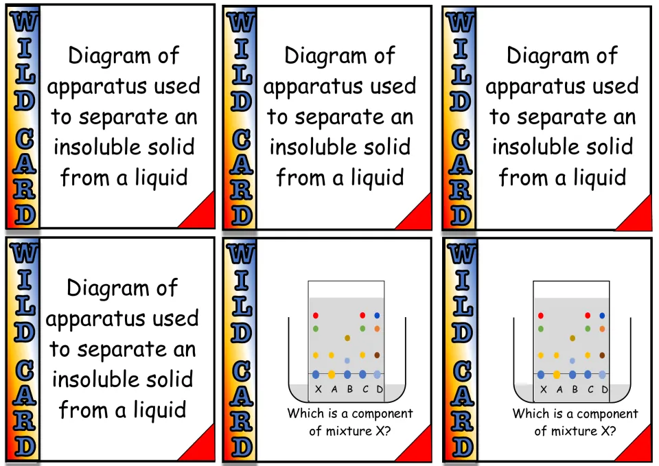 Game cards 13–18: four insoluble solid separation prompts and two chromatography questions about mixture X.