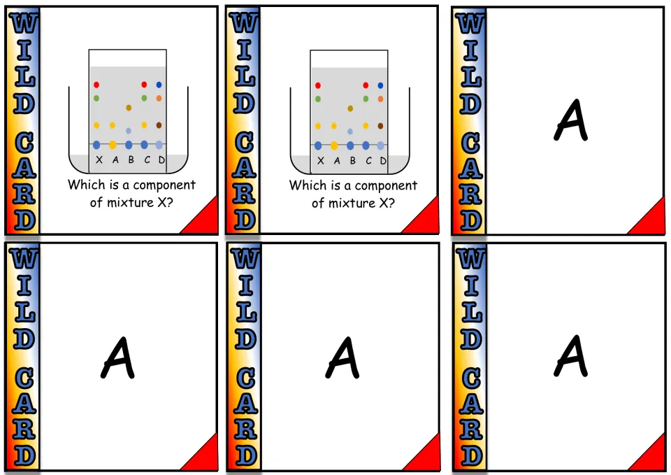 Game cards 19–24: two chromatography diagrams asking for a component of mixture X and four “A” answer cards.