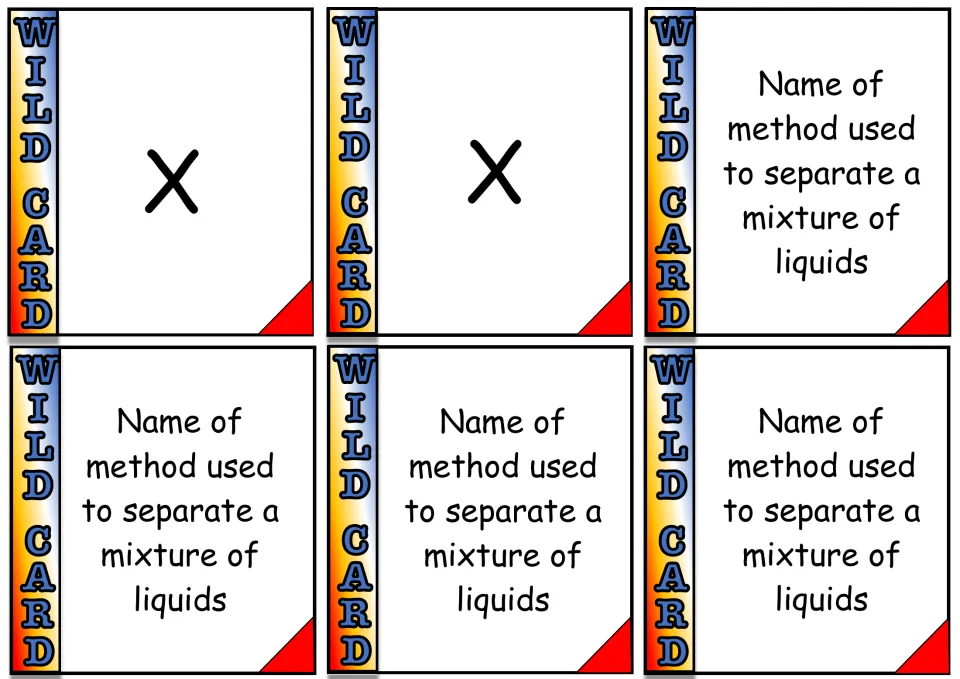 Game cards 55–60: two “X” answer cards and four prompts to name the method for separating a mixture of liquids.