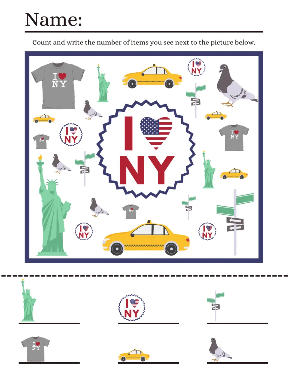 I Love NY iSpy counting: students find and count Statues of Liberty, taxis, pigeons, shirts and signs, then write totals