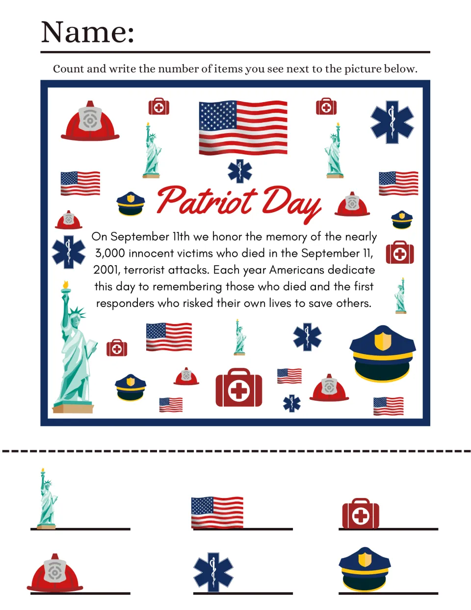 Patriot Day iSpy counting: students count flags, fire helmets, police caps, medical kits, EMS stars and Liberty statues