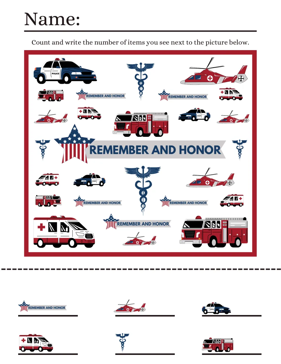 Remember and Honor iSpy: students count police cars, fire trucks, ambulances, helicopters, caduceus signs and star banners