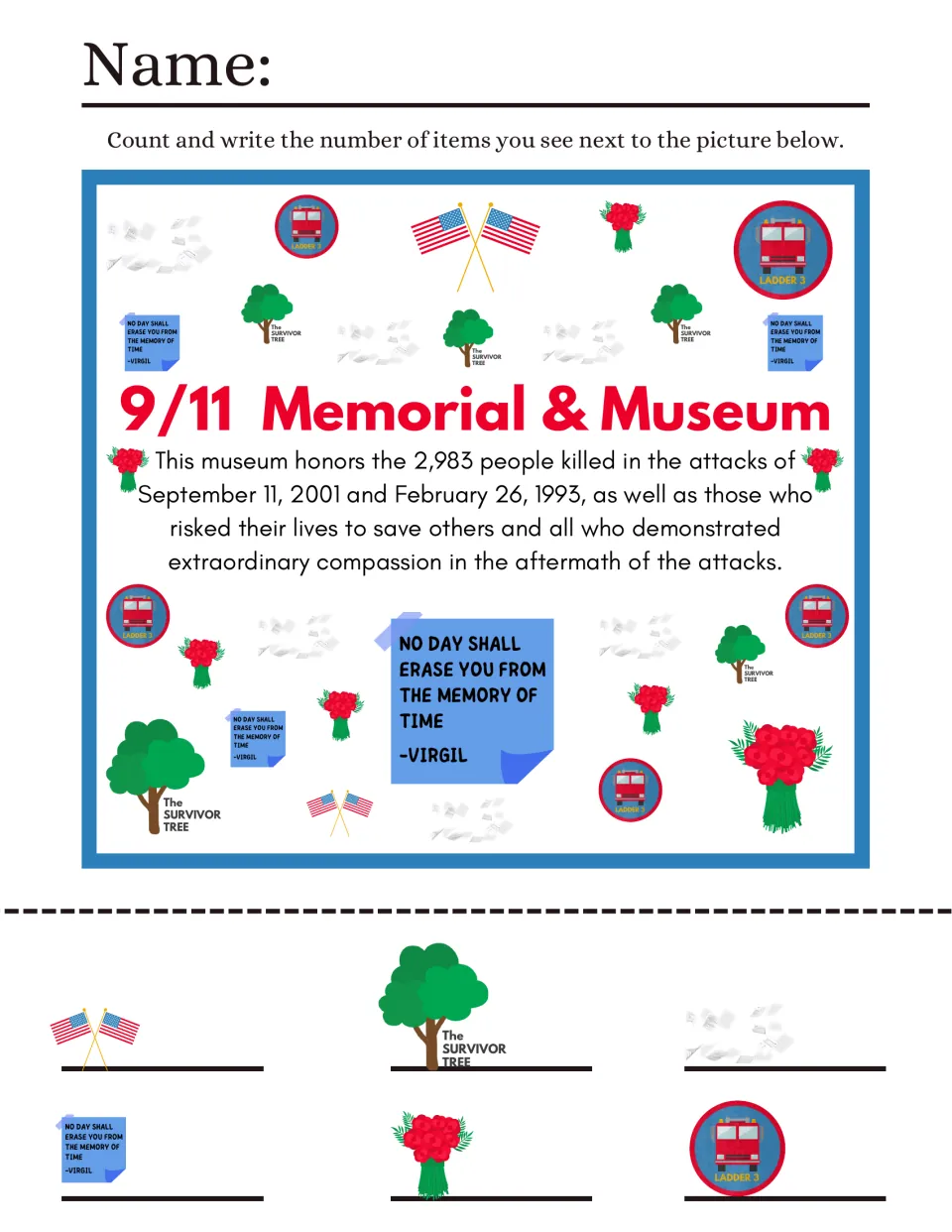 9/11 Memorial & Museum iSpy: students count crossed flags, Survivor Trees, roses, Ladder 3 badges, papers and Virgil notes