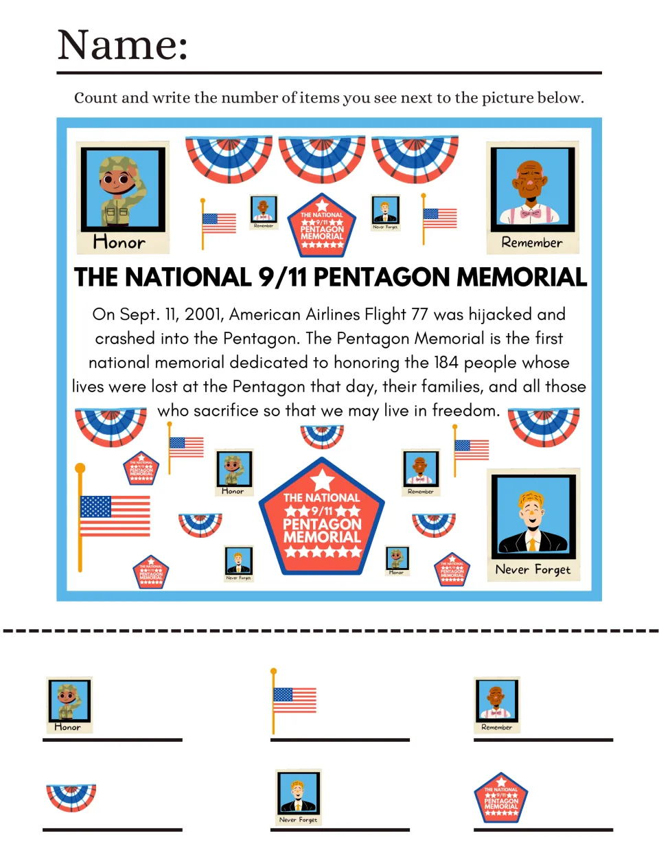 Pentagon Memorial iSpy: students count Honour, Remember and Never Forget portraits, flags, bunting and memorial badges