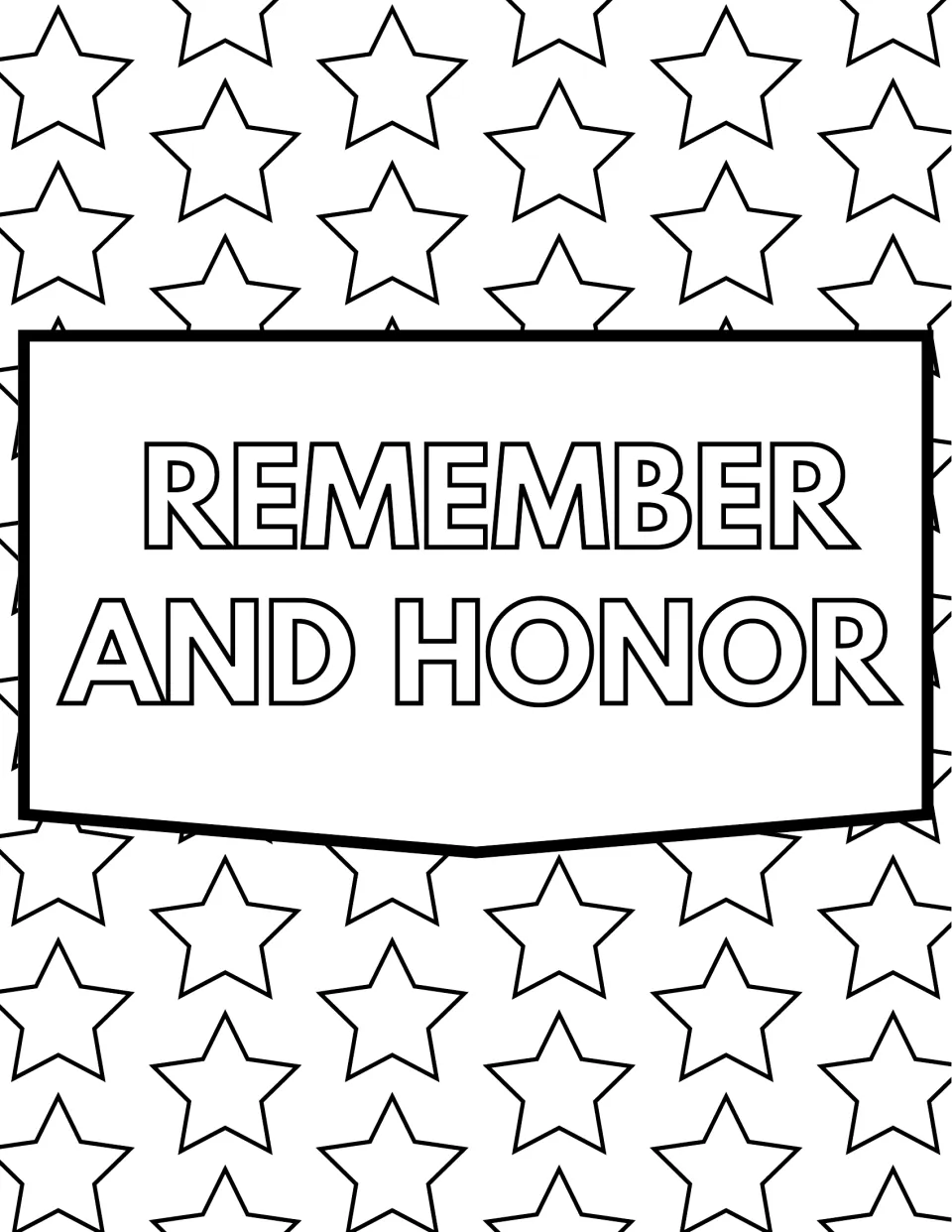 Remember and Honor coloring page: students color bubble-letter words on a banner set against a background of outline stars