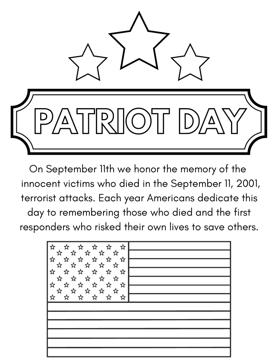 Patriot Day coloring page: students color stars and a US flag below a paragraph honoring 9/11 victims and first responders