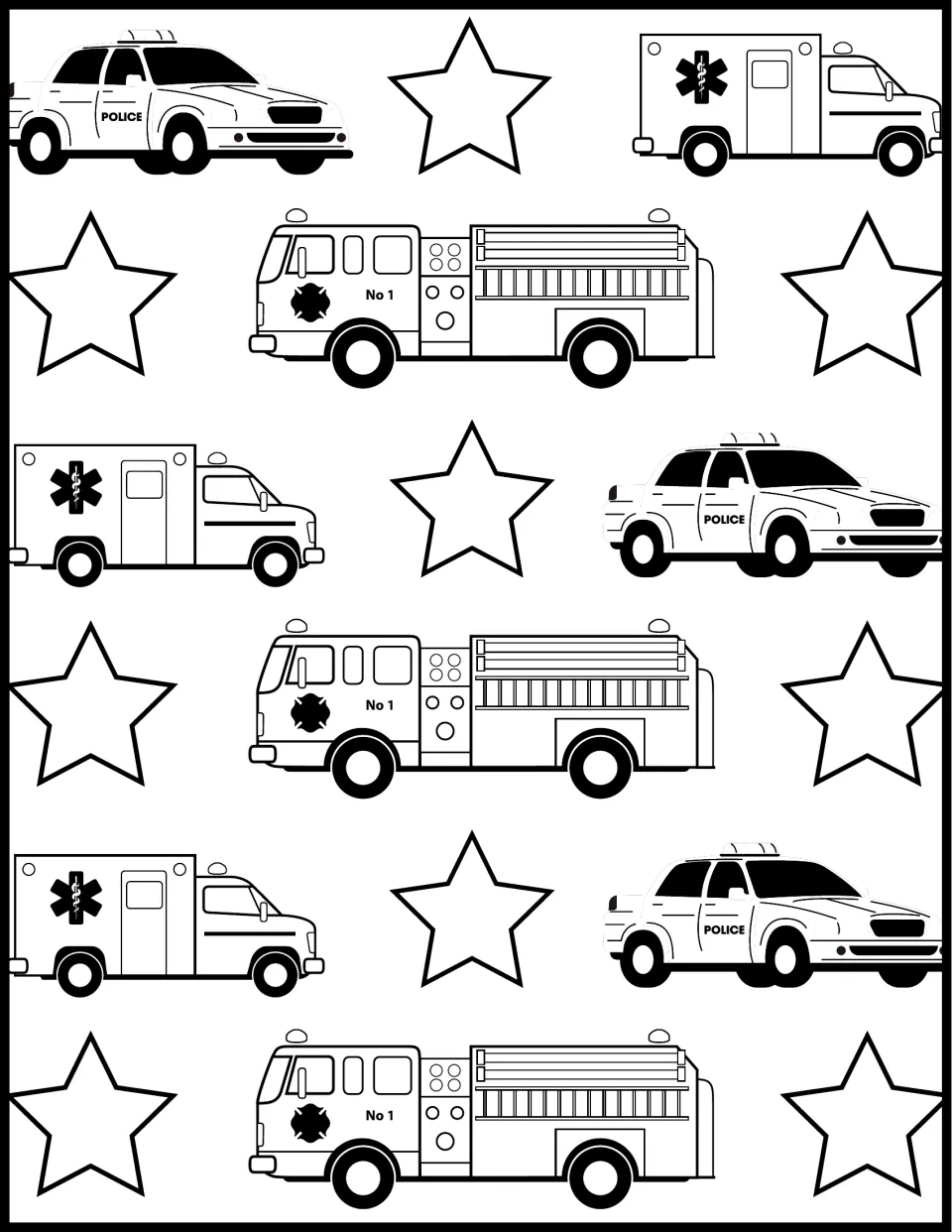 First responder vehicles coloring page: students color police cars, ambulances and No 1 fire trucks placed between stars
