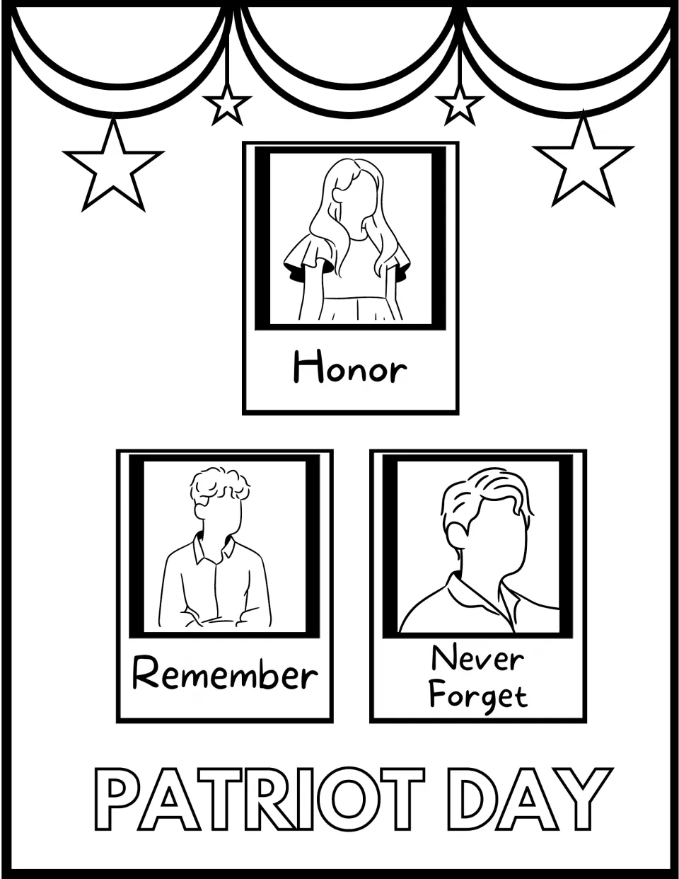 Patriot Day coloring page: students color three portraits labeled Honor, Remember and Never Forget under hanging stars