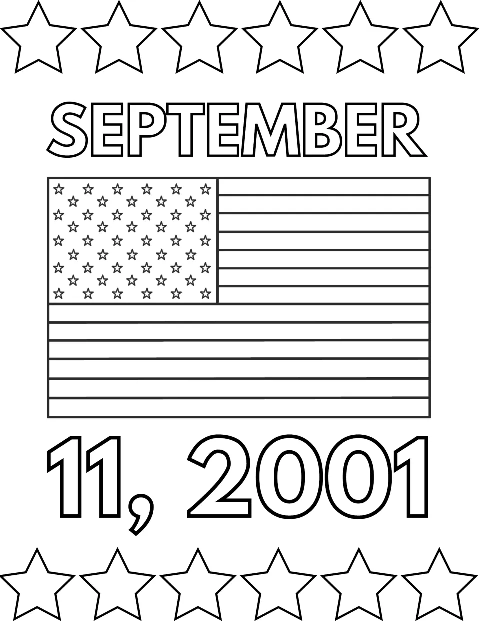 September 11, 2001 coloring page: students color the date in bubble letters around a US flag, framed by rows of stars