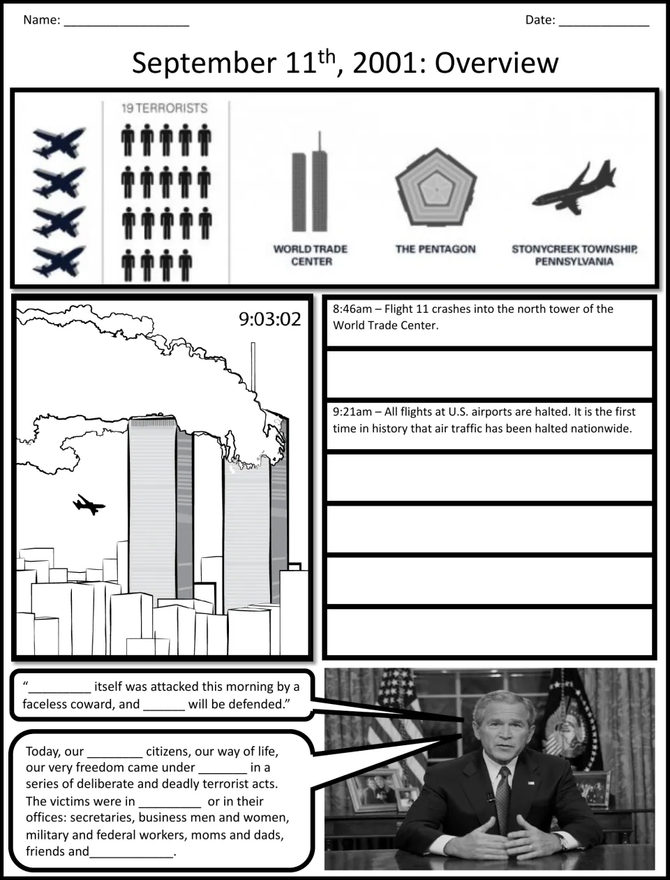 Student graphic organizer: September 11 attacks timeline and fill-in-the-blank quotes from President Bush.