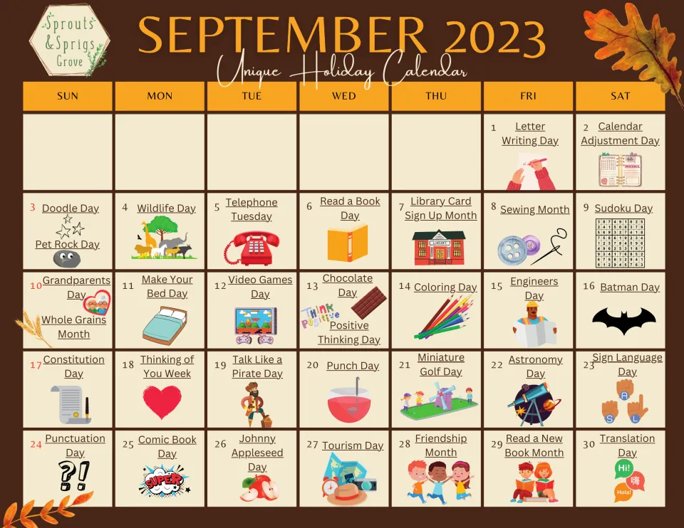 September 2023 holiday calendar featuring Letter Writing Day, Read a Book Day, and Grandparents Day.
