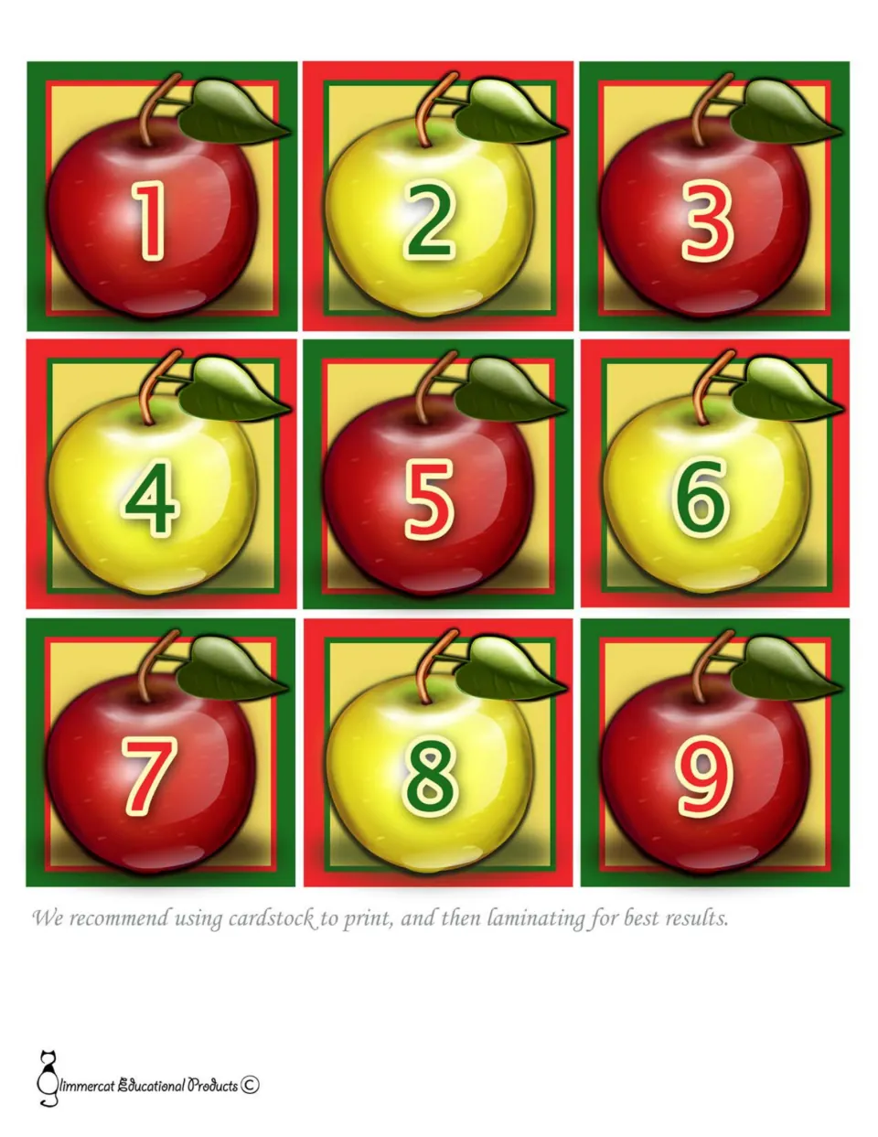 September calendar cards 1–9 of 30, with red apples for odd numbers and yellow apples for even numbers