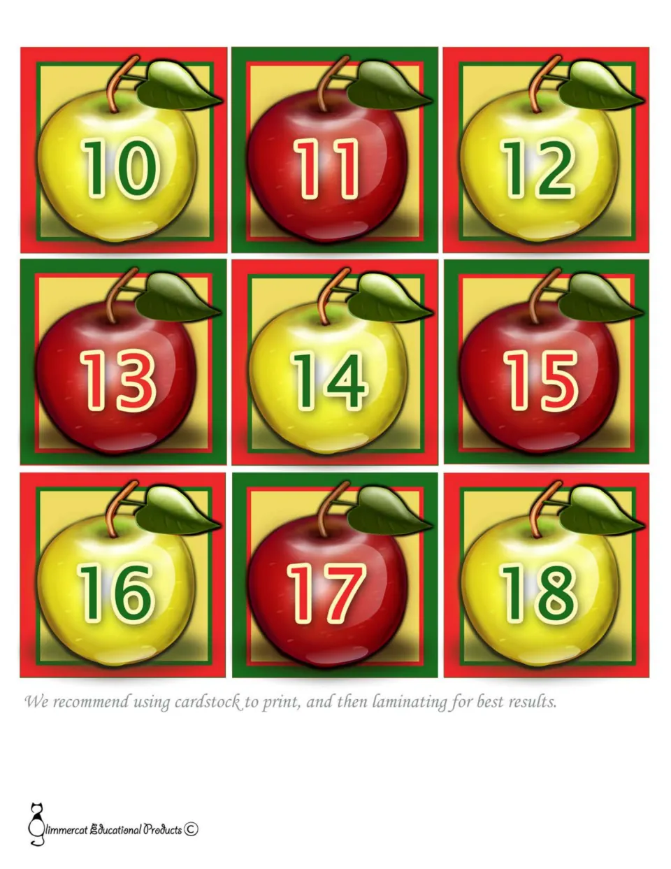 September calendar cards 10–18 of 30, continuing the alternating yellow-and-red apple number pattern