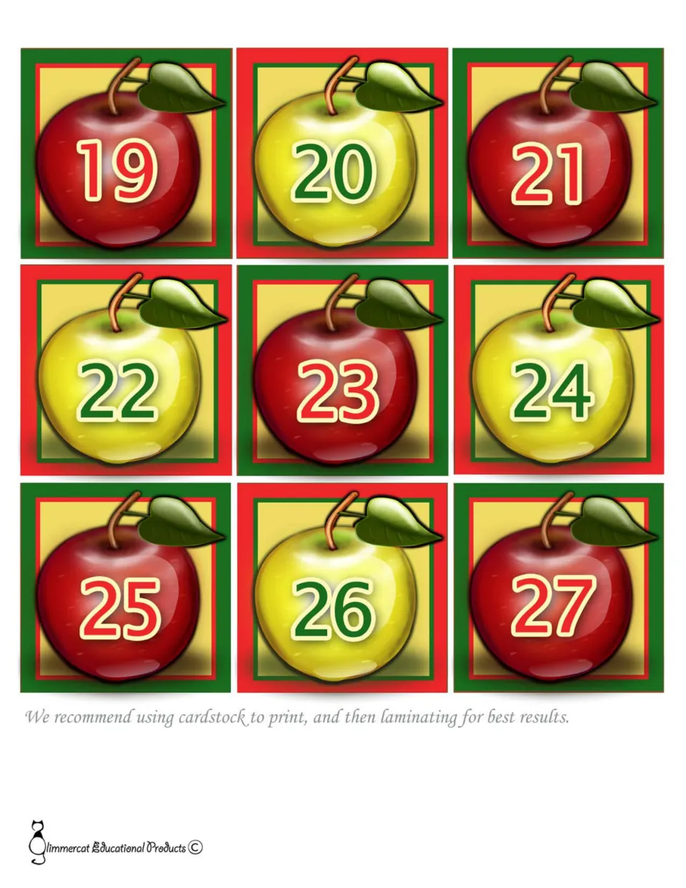 September calendar cards 19–27 of 30, continuing the alternating red-and-yellow apple number pattern