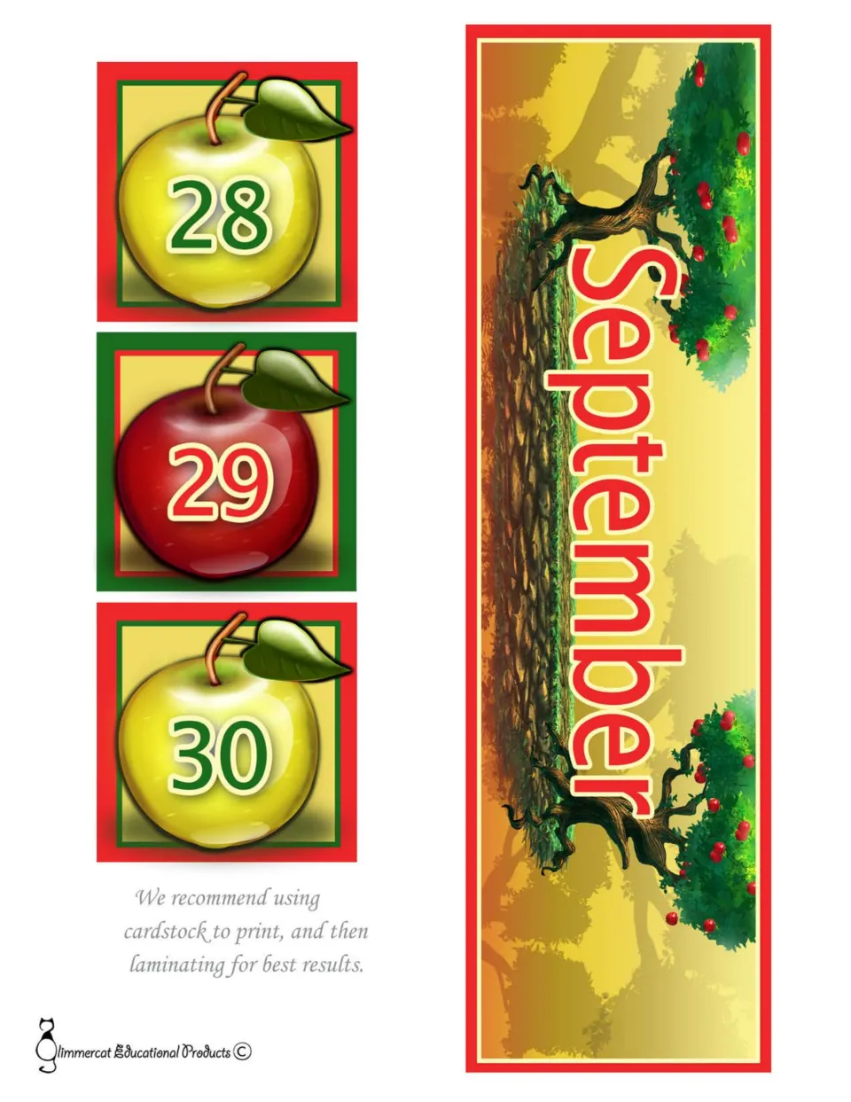 Final September calendar cards 28–30, with yellow, red, and yellow apples, plus the September month sign
