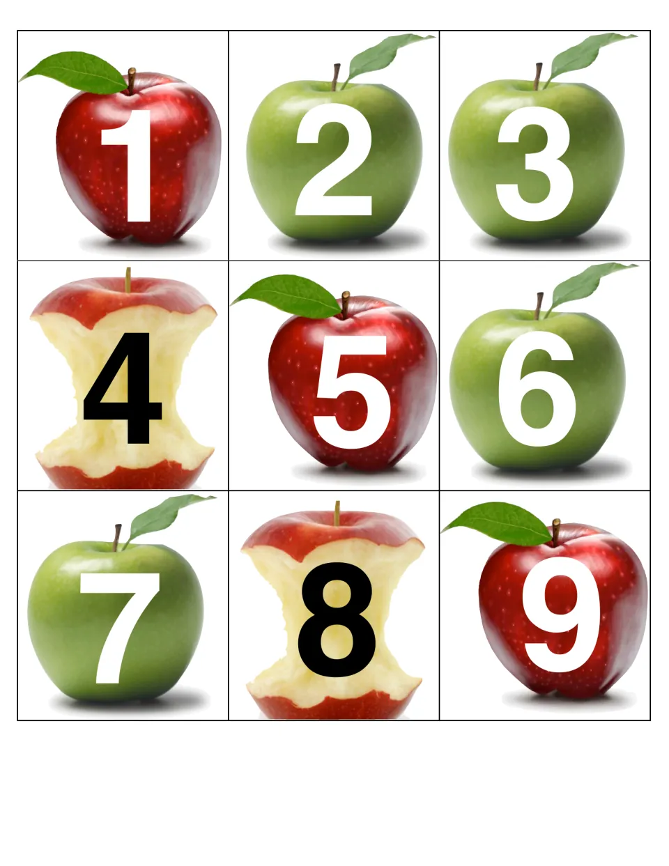 September calendar cards 1–9 begin the repeating pattern of a red apple, two green apples, and an apple core