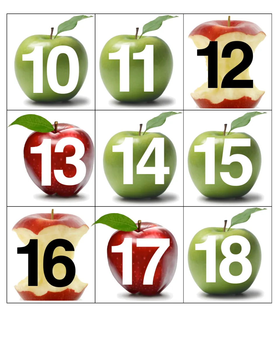 September calendar cards 10–18 continue the ABBC apple pattern, with apple cores numbered 12 and 16
