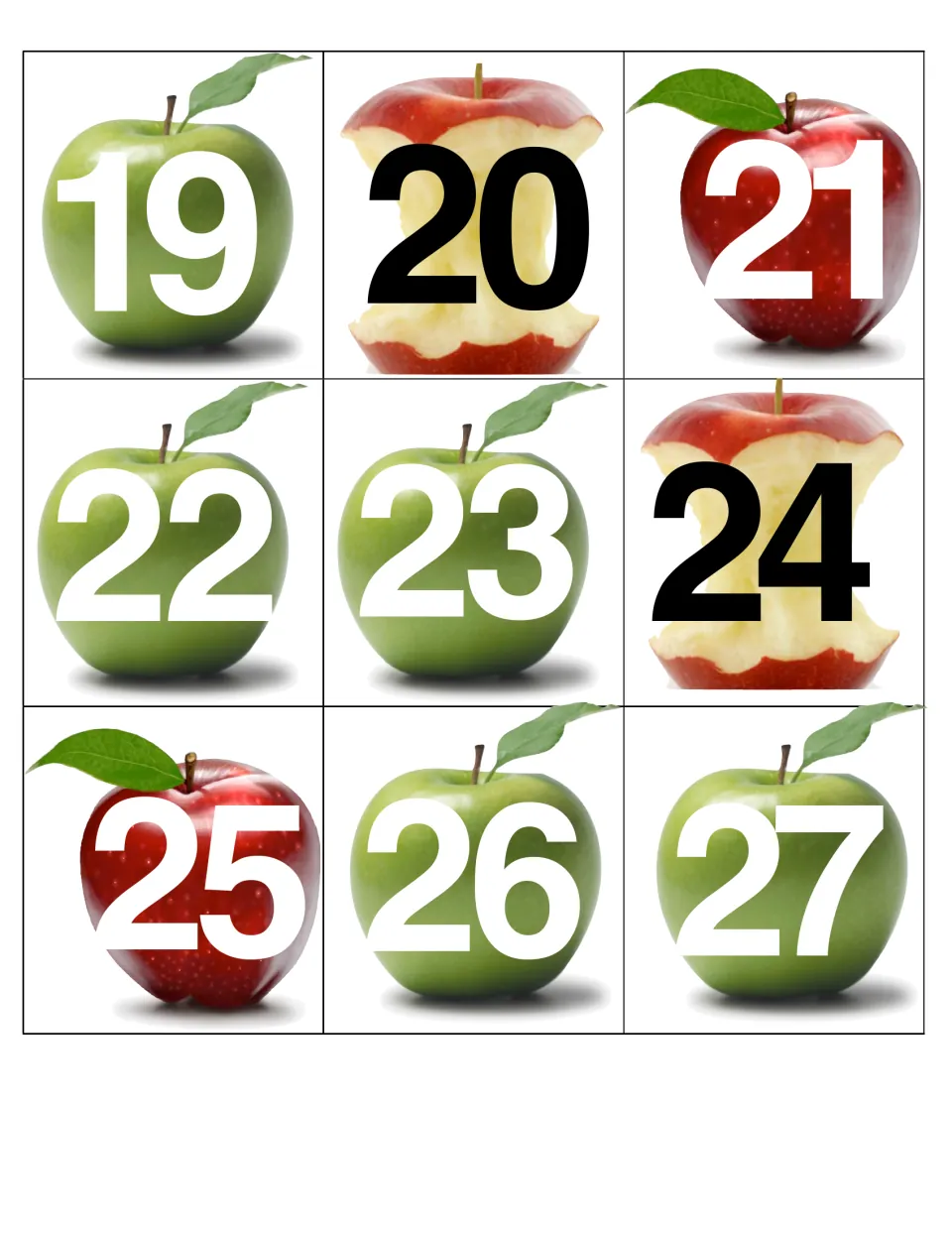 September calendar cards 19–27 continue the ABBC apple pattern, with apple cores numbered 20 and 24