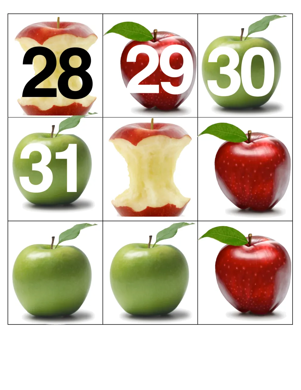 September calendar cards 28–31 and five unnumbered replacement cards: two red apples, two green, and one core