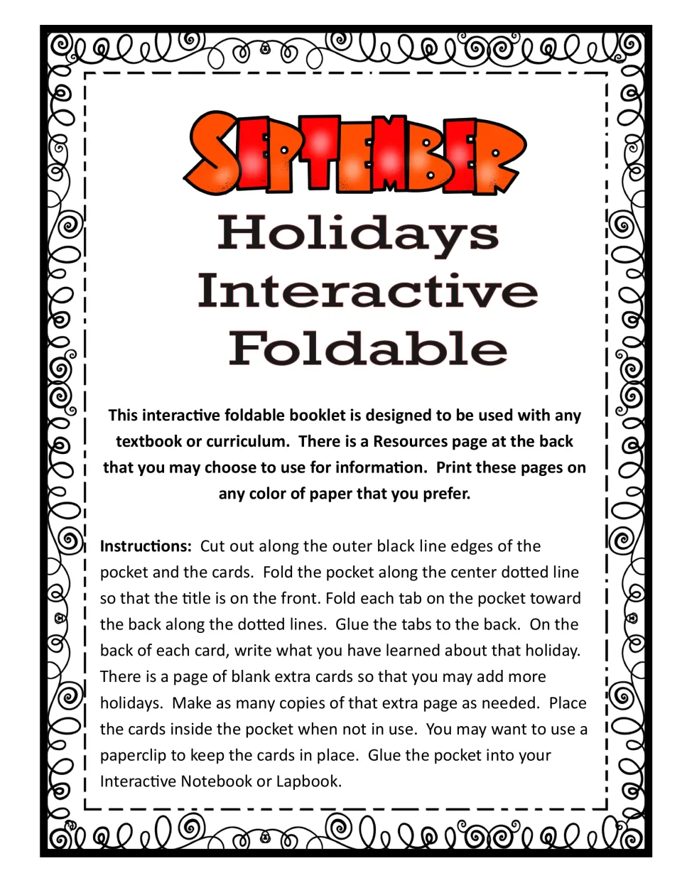 Assembly instructions: students cut out a pocket and holiday cards, fold and glue tabs, and write facts on each card back