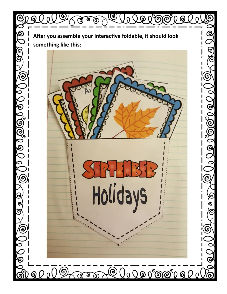 Finished example: a September Holidays pocket glued in a lined notebook, holding colored holiday cards, a maple leaf on top